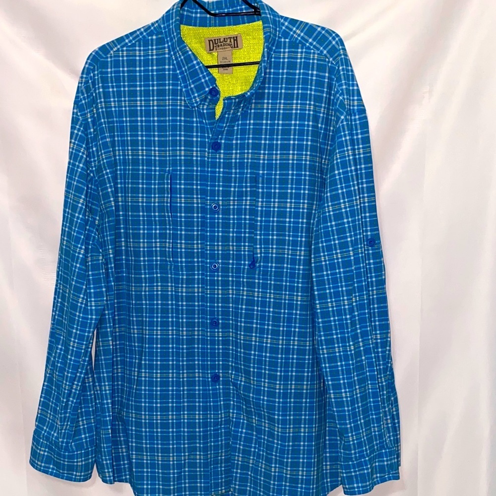 DULUTH TRADING CO MENS SIZE‎ 2XL BLUE PLAID PERFORMANCE SHIRT POCKETS CLEAN EUC